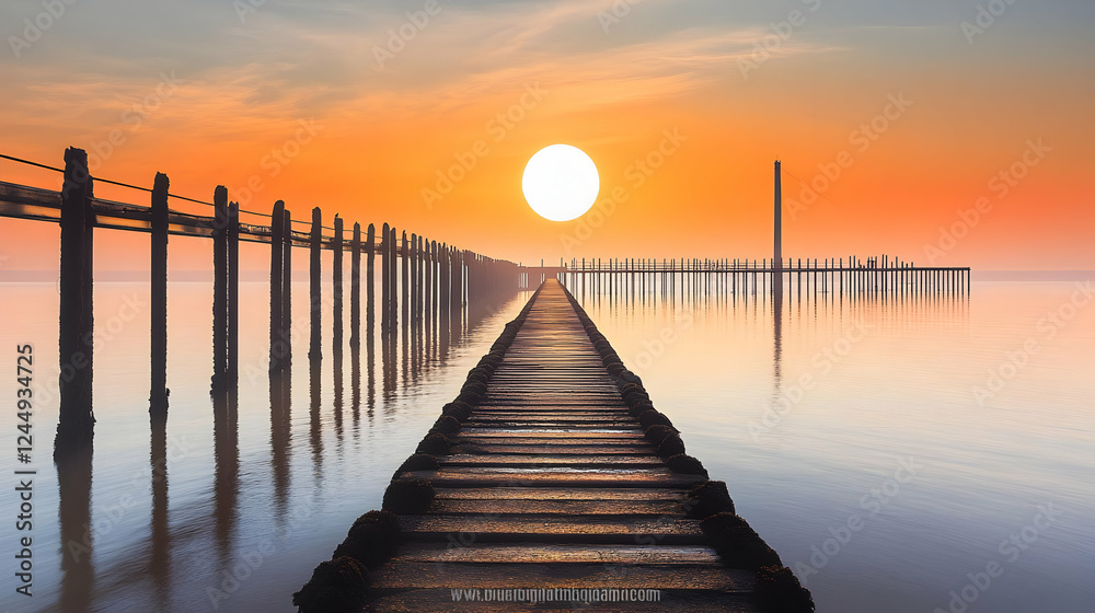 Fototapeta premium Wooden pier stretches across calm water towards a large, setting sun during a serene sunset.
