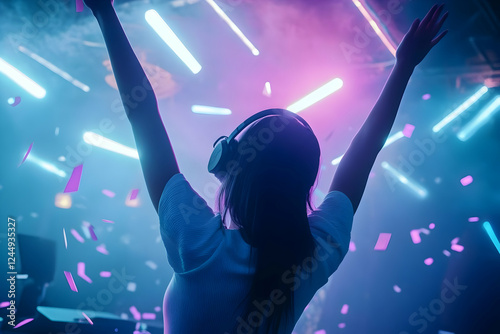 Woman with Headphones Raise...