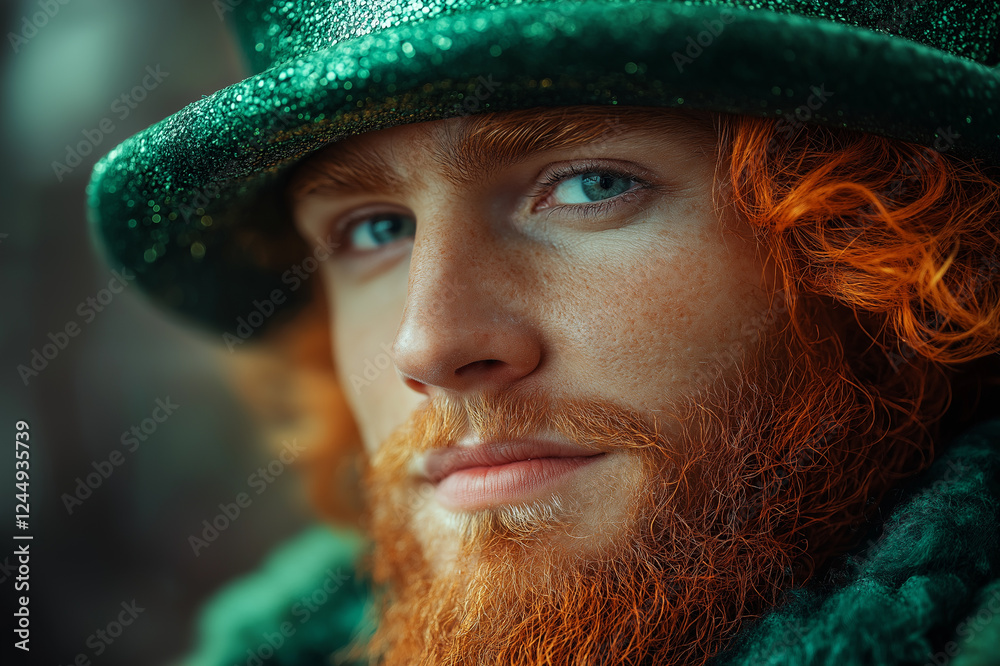 Close-up portrait of Irish man with freckles, red beard, and green hat, celebrating St. Patrick’s Day with striking blue eyes, cultural charm, and festive magical energy. Close-up portrait of Irish man with freckles, red beard, and green hat, celebrating St. Patrick’s Day with striking blue eyes, cultural charm, and festive magical energy.