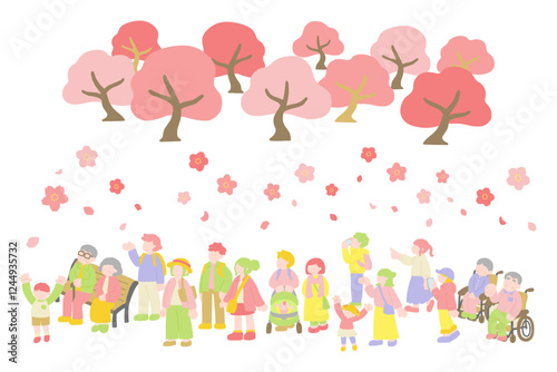 横並びの多世代の人々と桜[お花見]のフラットなイラスト（セット）
