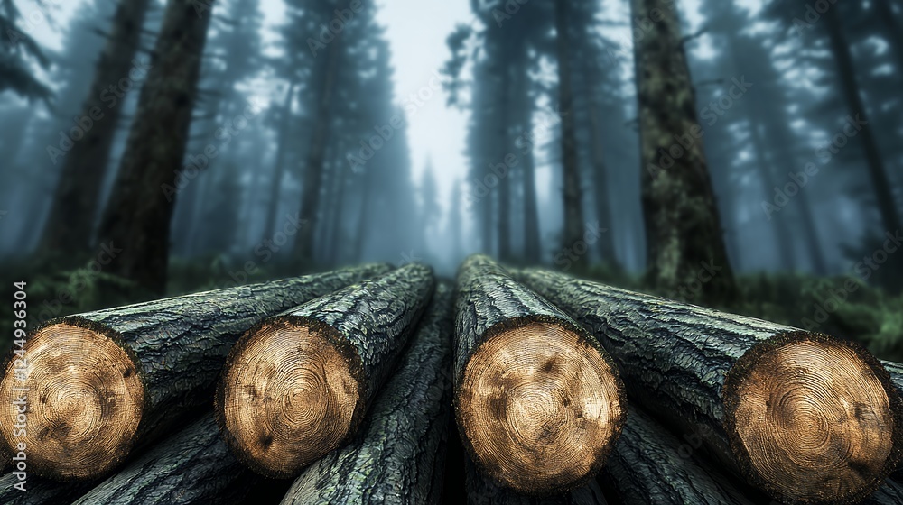 Misty Forest With Stacked Tree Logs
