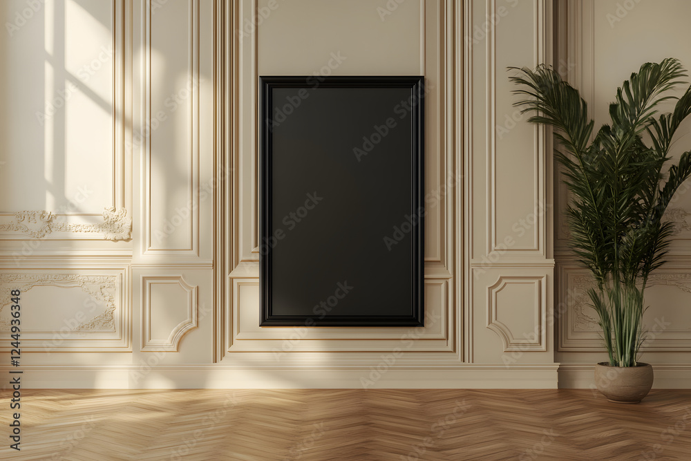 Fototapeta premium A Beautiful Room with Elegant Wall and Empty Frame Beside Lush Greenery
