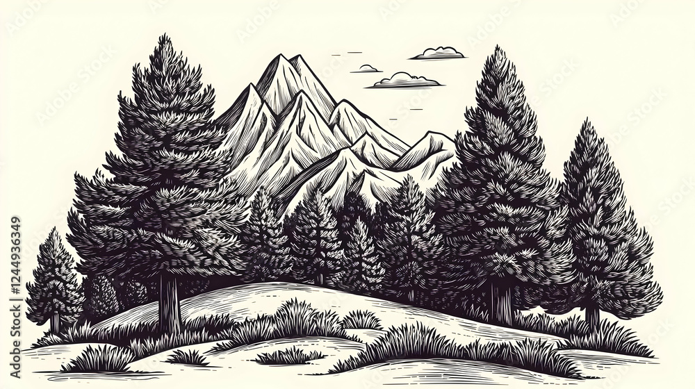 Majestic Mountain Landscape Illustration: Pine Forest Meets Rugged Peaks with Grassy Meadow in the Foreground Majestic Mountain Landscape Illustration: Pine Forest Meets Rugged Peaks with Grassy Meadow in the Foreground