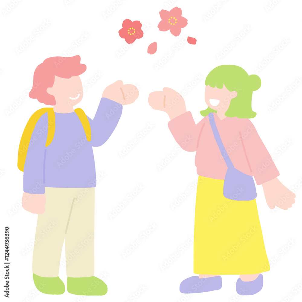 桜[お花見]を楽しむ手のひらを上に向けた男女のフラットなイラスト
