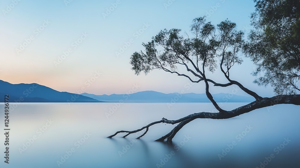 Tree Branch Leaning Towards the Water. A Quiet and Peaceful Scene. Perfect for Nature and Serenity Themes Tree Branch Leaning Towards the Water. A Quiet and Peaceful Scene. Perfect for Nature and Serenity Themes