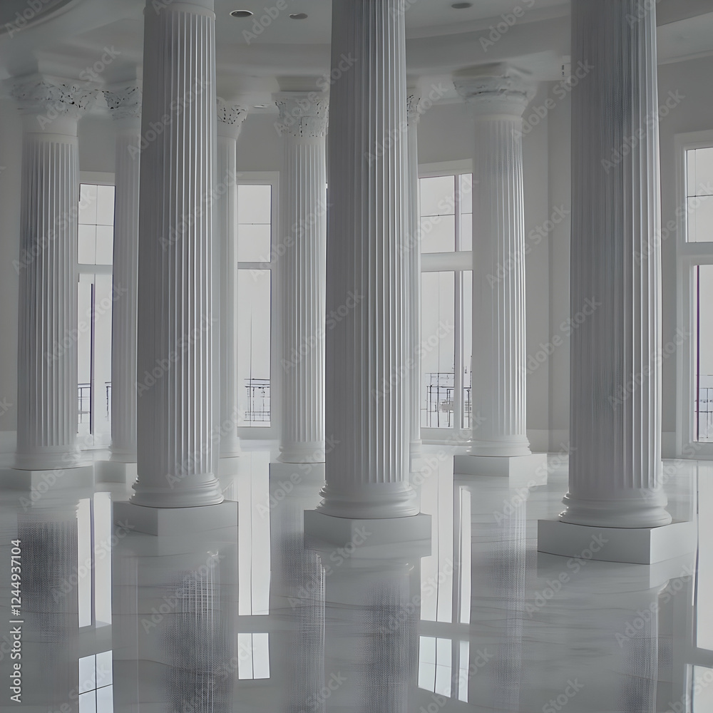 White Columns Stand Majestically in a Bright Room with Large Windows White Columns Stand Majestically in a Bright Room with Large Windows