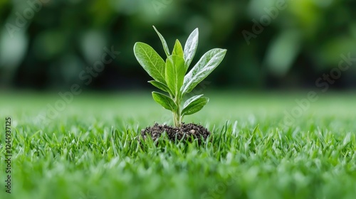 Sprout growing in garden, green background, new life