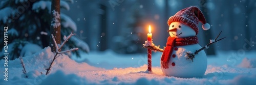 Snowman with candle in front of a snow-covered tree, candle, wintery, snowcovered