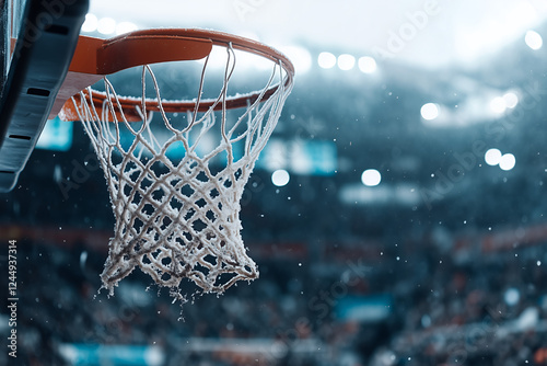 A dramatic close-up capturing the pivotal moment as a basketball slams through a hoop during March Madness