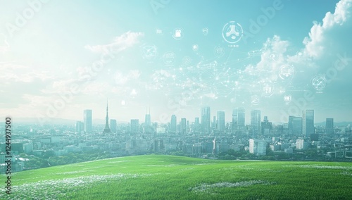 Smart City Skyline Overlooking Lush Green Field