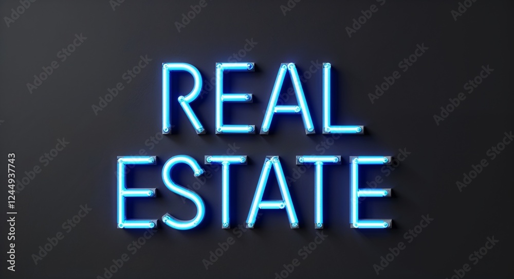 real estate word lettering with neon blue glow on plain black dark background real estate word lettering with neon blue glow on plain black dark background