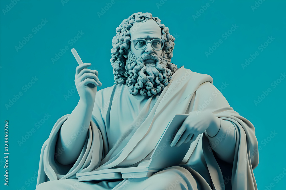 Obraz premium 3D Rendered Statue of a Bearded Man Holding a Stylus and Book on a Turquoise Background