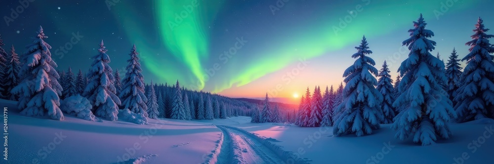 Snowy forest at dawn with aurora boreal lights, aurora boreal, winter, peaceful Snowy forest at dawn with aurora boreal lights, aurora boreal, winter, peaceful