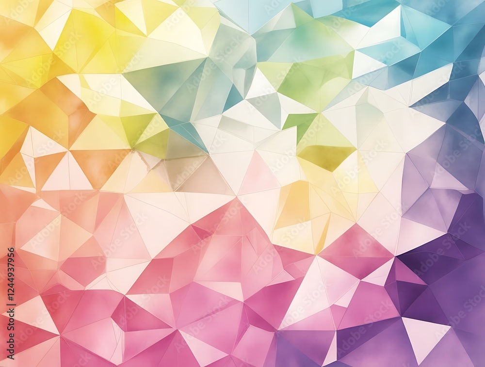 A vibrant polygonal geometric design featuring colorful gradients in pastel hues of yellow, pink, purple, and blue, perfect for artistic backgrounds and creative projects
A vibrant polygonal geometric design featuring colorful gradients in pastel hues of yellow, pink, purple, and blue, perfect for artistic backgrounds and creative projects