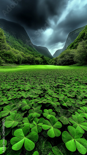 Stunning lush green clover field in a mystical valley under dramatic cloudy sky, symbolizing Irish nature, luck, heritage, tradition, magic, prosperity, and St. Patrick’s Day celebration. photo