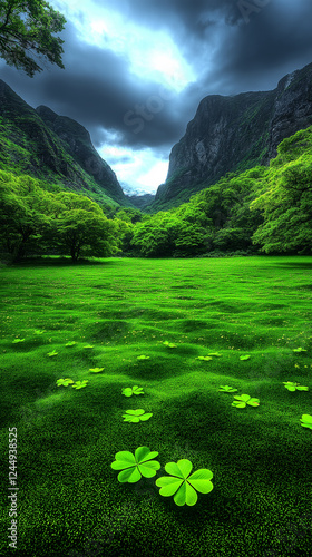 Stunning lush green clover field in a mystical valley under dramatic cloudy sky, symbolizing Irish nature, luck, heritage, tradition, magic, prosperity, and St. Patrick’s Day celebration. photo