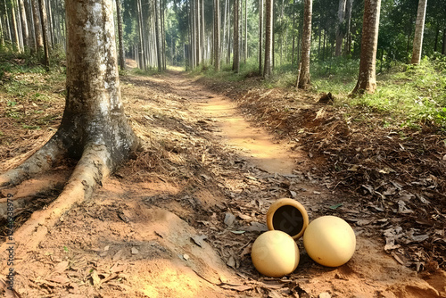 Clay pots and eggs lie on a...