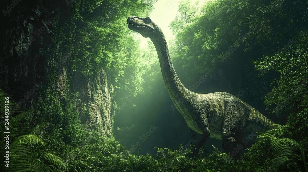 Brachiosaurus in Deep Green Forest. Majestic Dinosaur in Its Natural Habitat Brachiosaurus in Deep Green Forest. Majestic Dinosaur in Its Natural Habitat