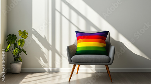 Minimalist modern living room with rainbow pride pillow on chair, symbolizing LGBTQ inclusivity, diversity, equality, love, acceptance, and stylish interior design with natural sunlight. photo