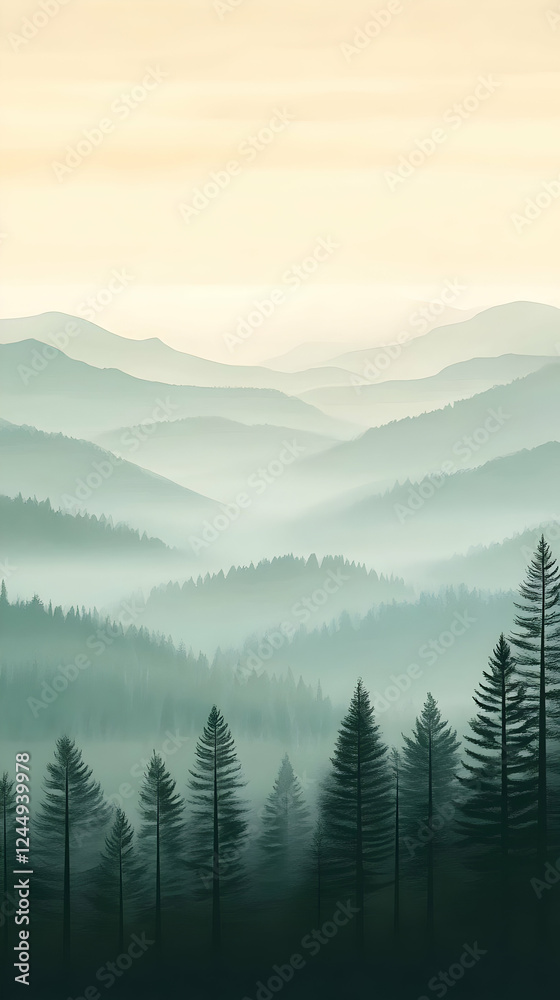 Fototapeta premium Misty Mountain Forest Landscape Creates Serene and Peaceful Scenery at Dawn.