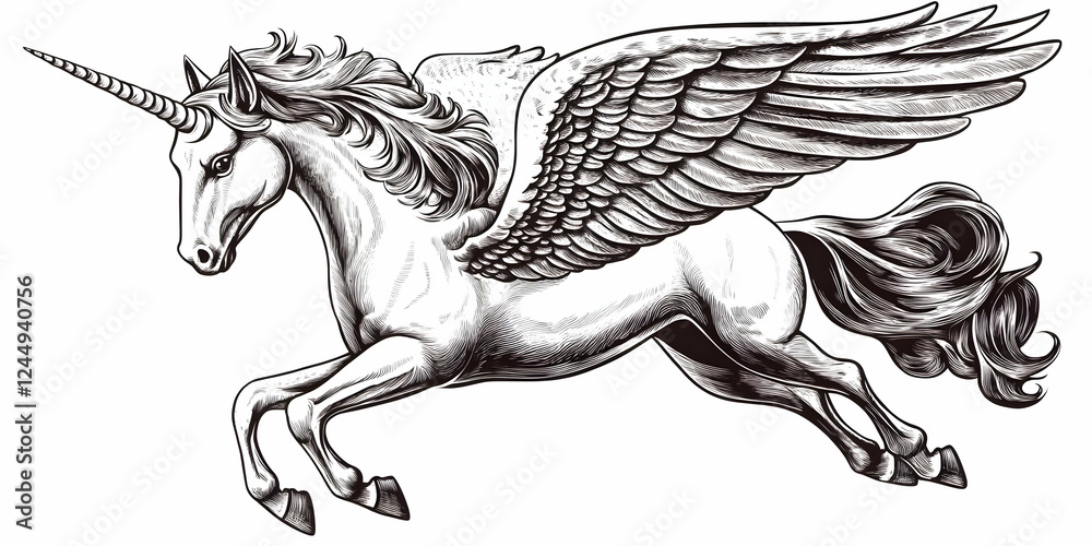 Obraz premium Magnificent Winged Unicorn Leaps Gracefully, a Mythical Creature in Detailed Illustration