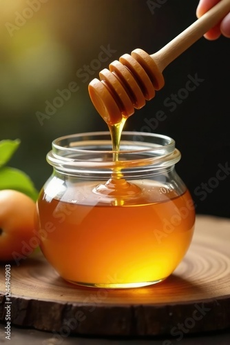 Warm honey drips slowly from wooden dipper into waiting jar, texture, viscous