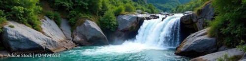 Water cascades down the rocky slope in the mountains, dzhyly su mountain, river rock