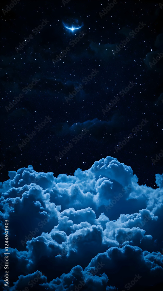 Crescent Moon Illuminates Night Sky with Stars Above Fluffy Clouds Dramatically Crescent Moon Illuminates Night Sky with Stars Above Fluffy Clouds Dramatically
