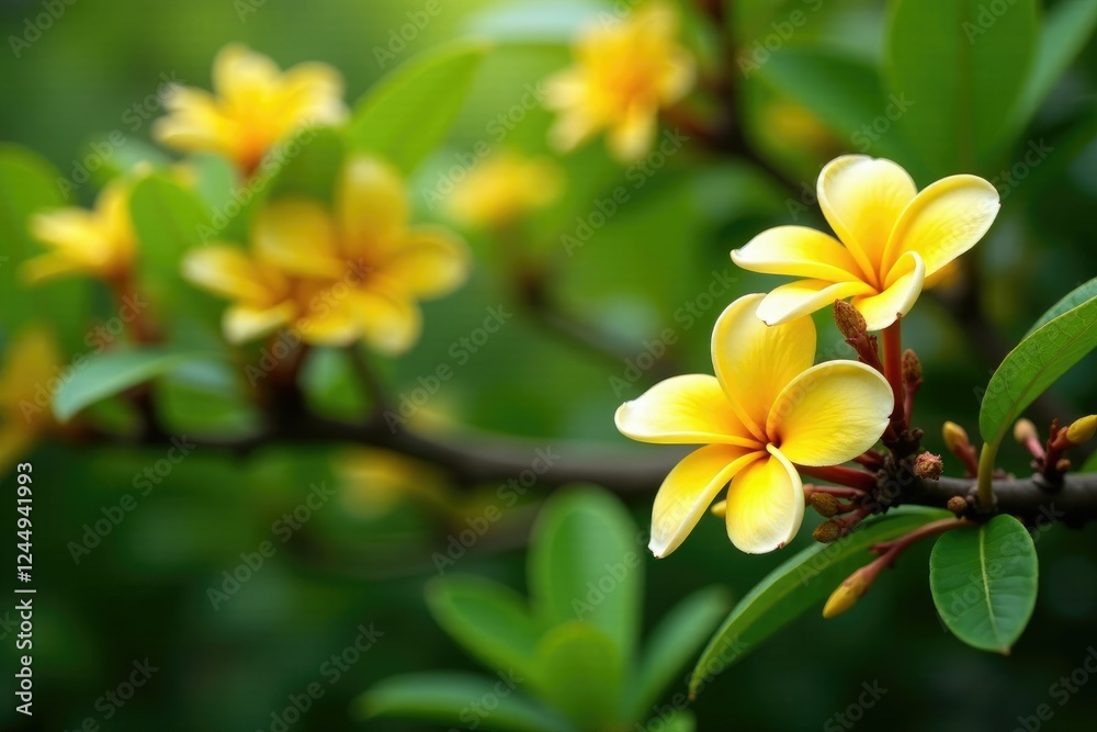 Blooming yellow frangipani tree with lush foliage and branches, greenery, foliage, plumeria Blooming yellow frangipani tree with lush foliage and branches, greenery, foliage, plumeria