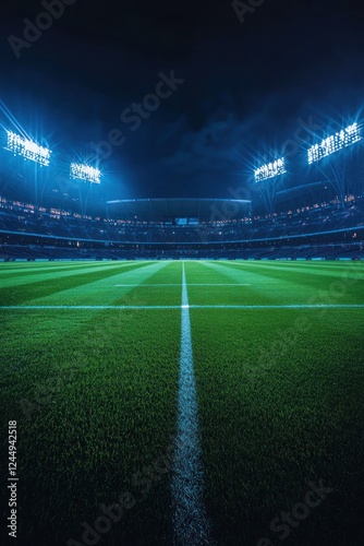 Professional wide-angle cricket stadium at night, illuminated by floodlights with an empty green grass field, perfect for sports advertisements.