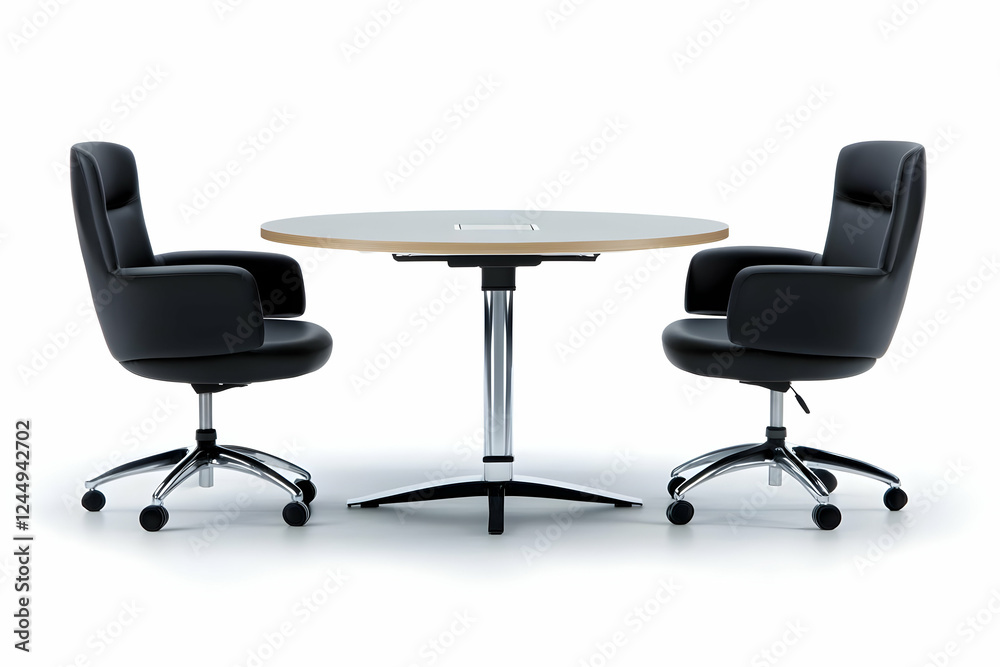 Obraz premium Two Black Office Chairs and a Round Table on a White Background Create a Minimalist Office Scene