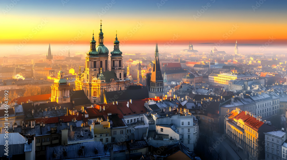 Obraz premium Cityscape with Church Towers bathed in Golden Sunrise glow Beautifully at Dawn with Misty Scenery.
