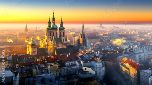 Wallpaper Mural Cityscape with Church Towers bathed in Golden Sunrise glow Beautifully at Dawn with Misty Scenery. Torontodigital.ca