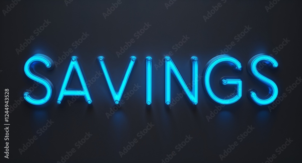 savings word lettering with neon blue glow on plain black dark background savings word lettering with neon blue glow on plain black dark background