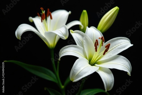 Delicate white lily flowers blooming on a dark velvet background, soft petals, black velvet
