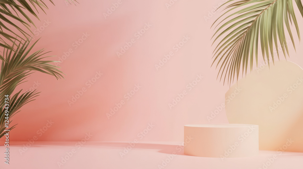 Soft pink background with palm leaves and podium Soft pink background with palm leaves and podium