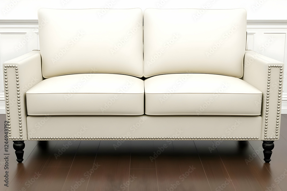 Classic Cream-Colored Loveseat with Nailhead Trim Stands Elegantly on a Dark Wood Floor Against a White Wall
