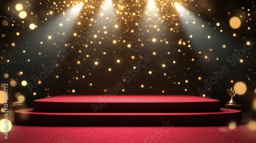 Award ceremony stage, red carpet, spotlight, golden sparkles, celebration