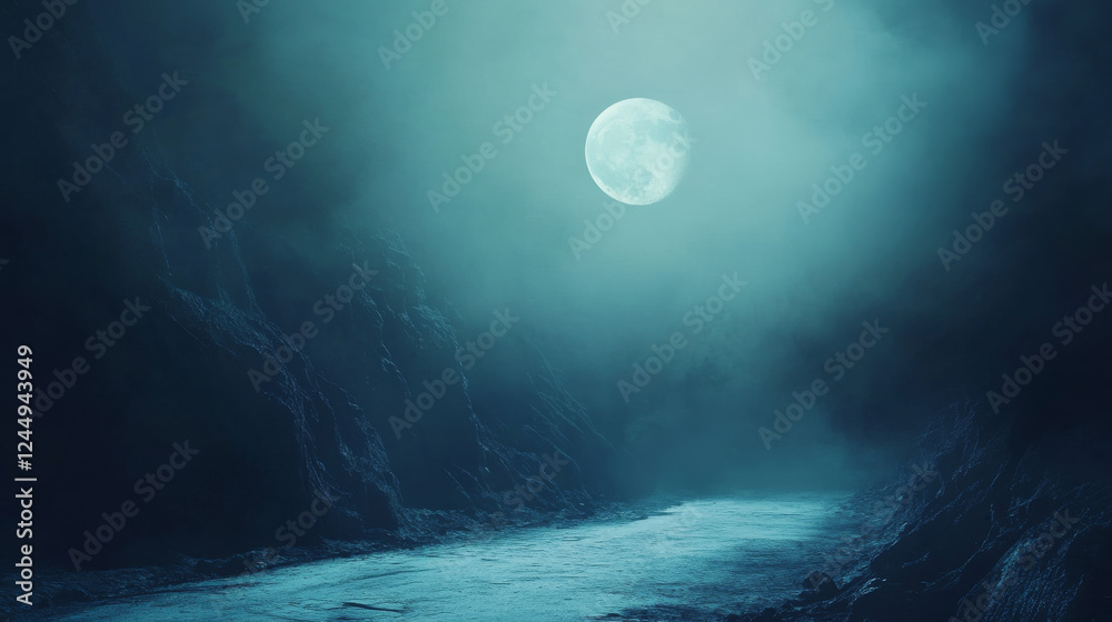 Fototapeta premium Mysterious moonlit path through foggy landscape