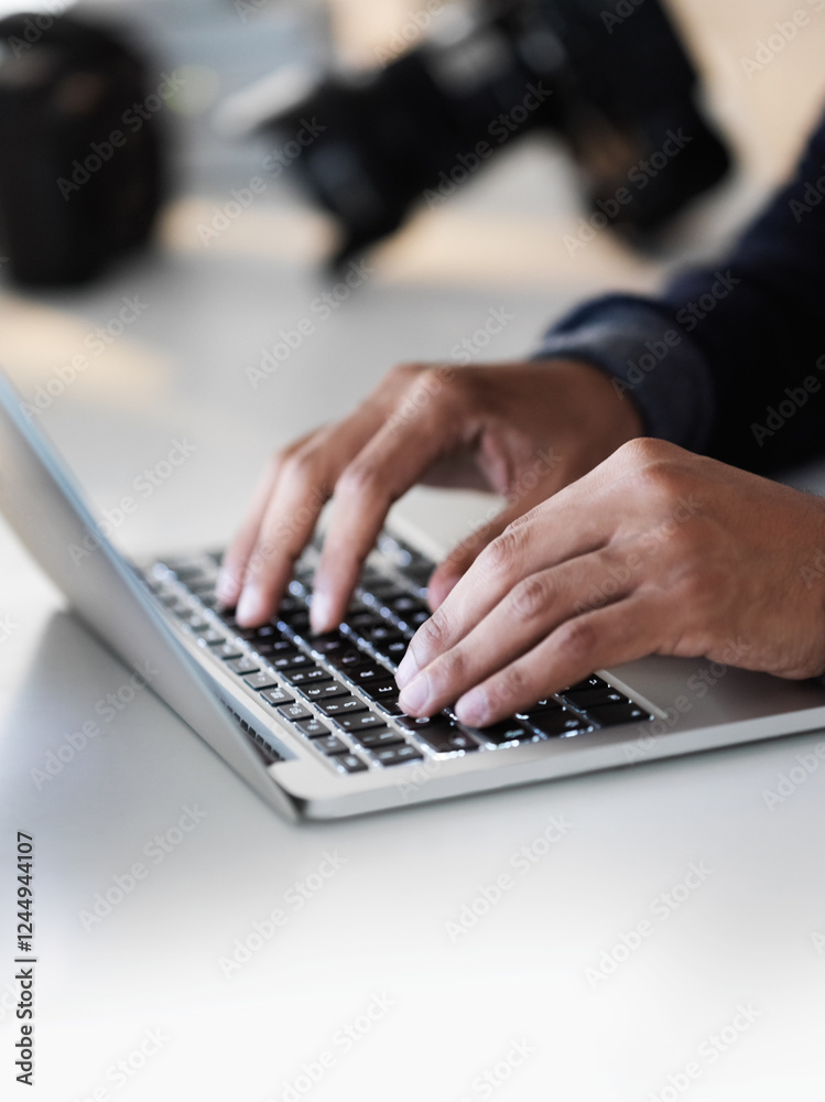 Man, laptop and photographer hands at desk, editing online and retouching images in production. Male person, artistic design and website for creative process in workplace, catalog pictures and office Man, laptop and photographer hands at desk, editing online and retouching images in production. Male person, artistic design and website for creative process in workplace, catalog pictures and office