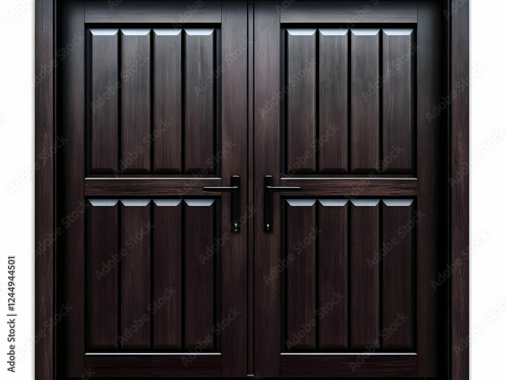 Fototapeta premium Dark Wood Double Door Features a Modern Design with Black Handles and Secure Lock System.