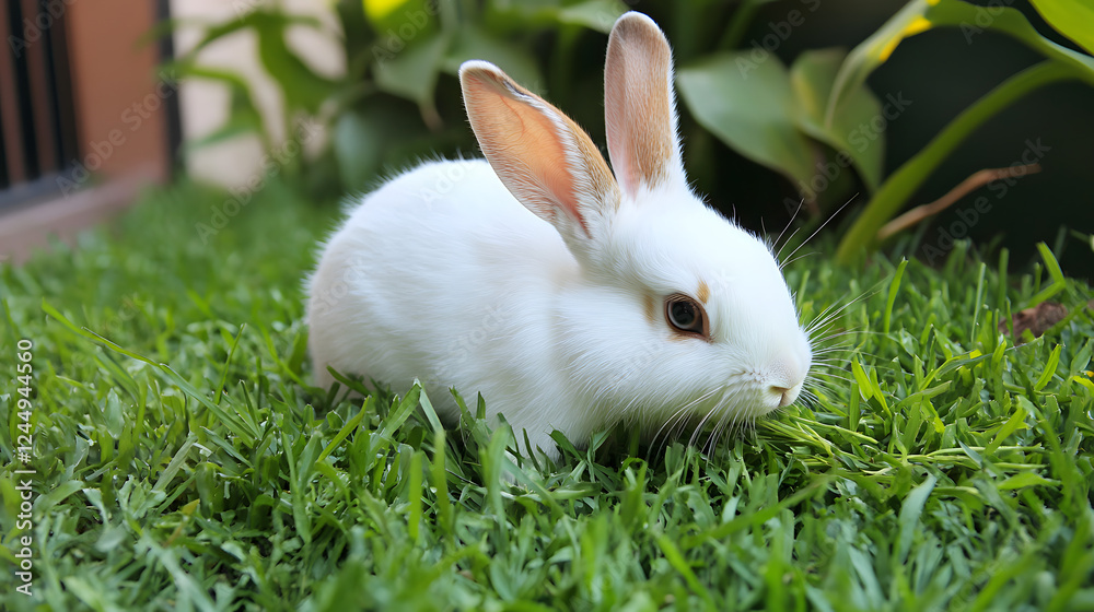 Adorable rabbit munching on lush green grass beneath vibrant flowers Adorable rabbit munching on lush green grass beneath vibrant flowers