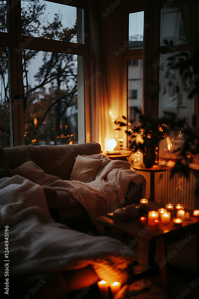 Fototapeta premium A cozy living room during twilight, adorned with soft blankets and illuminated by warm candlelight, creating a peaceful ambiance. Perfect for relaxation and leisure moments.