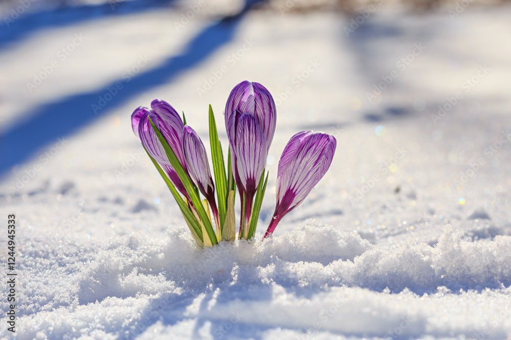 Crocuses - blooming purple flowers making their way from under the snow in early spring, closeup with space for text