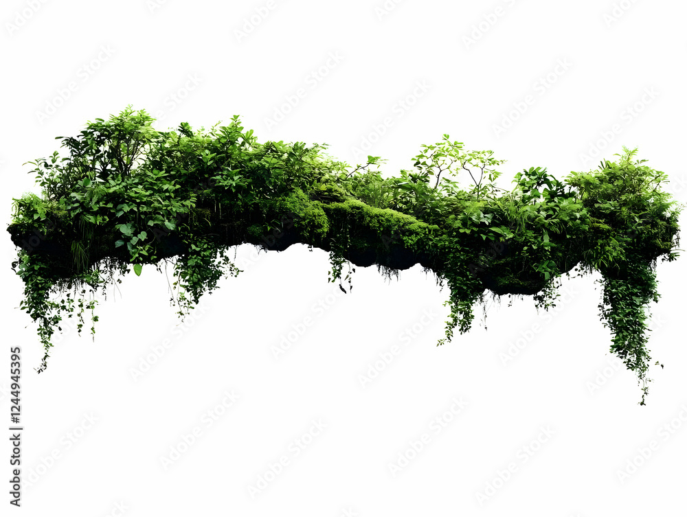 Fototapeta premium Floating Island with Lush Vegetation and Hanging Vines Isolated on White Background