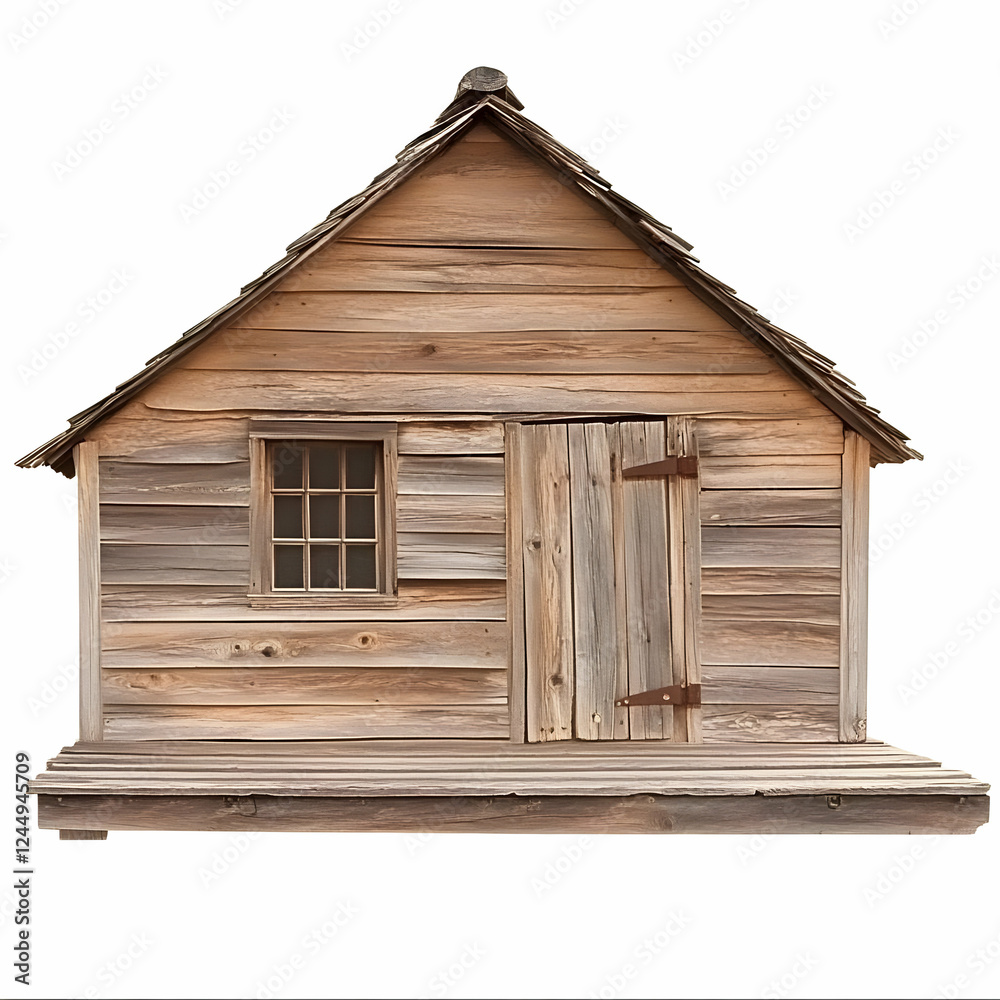 Rustic Wooden Cabin Stands on a Wooden Platform with a Shingle Roof and a Wooden Door
