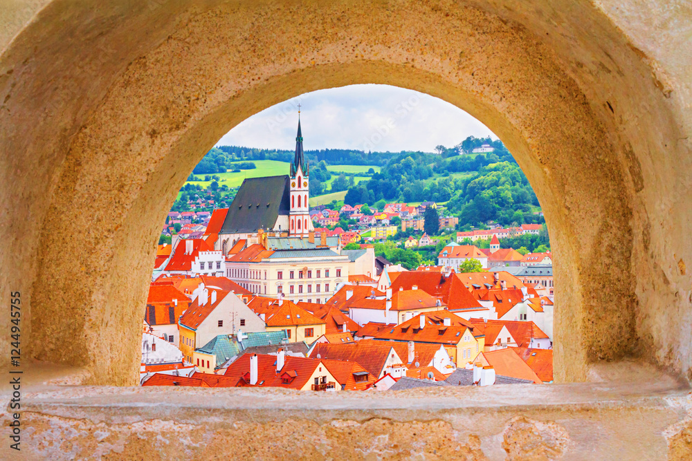 Summer cityscape - view from the Cesky Krumlov Castle to the Old Town of Cesky Krumlov and its surroundings, Czech Republic
