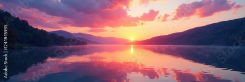 Pastel colors of sunset reflected on the surface of a peaceful lake, sunset, atmospheric, serene