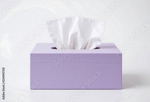 Purple tissue box against a plain background, symbolizing relief during seasonal allergies, with a single white tissue extending outward.