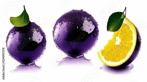 Three Purple Fruits with Gr...